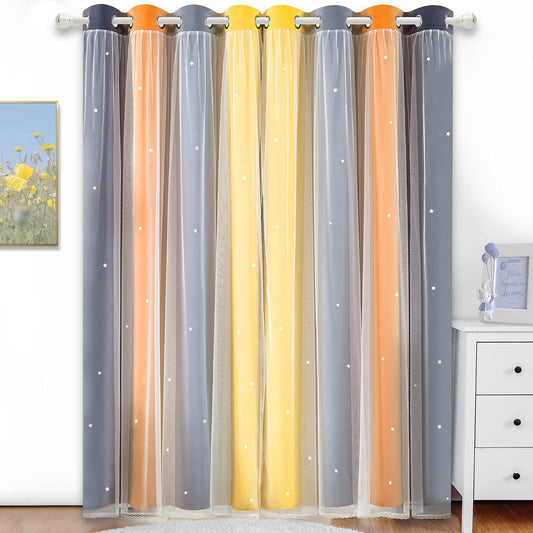 Nursery/Kids/Girls Room Star Cut Out Blackout Rainbow Curtain with Sheer Overlay 2 Panels, Each 52 inch Wide,108 inch Length with White Gauze,Ombre Stripe Rainbow Curtains (2 Pcs,52x108 Inch)