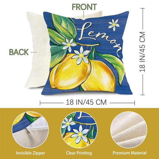 Blue Lemon Decorative Throw Pillow Covers 18 x 18 Set of 4, Amalfi Coast Italy Tile Pattern Plaid Floral Home Sweet Home Outdoor Decor, Summer Mediterranean Sunshine Farmhouse Couch Cushion Case