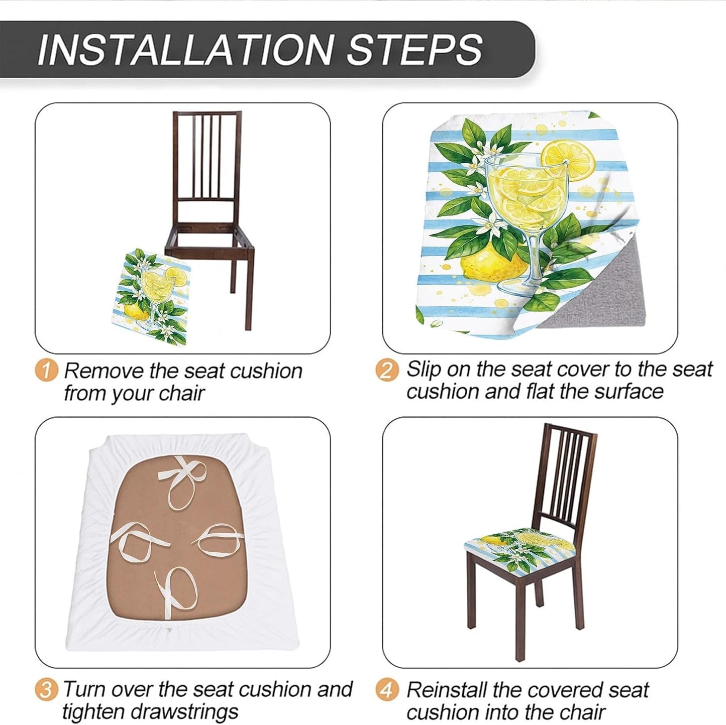 Lemon Seat Covers for Chairs, Summer Tropical Glass Leaves Summer Yellow Spandex Washable Stretch Breathable Chair Covers Decor for Dining Room Kitchen Banquet 4pcs