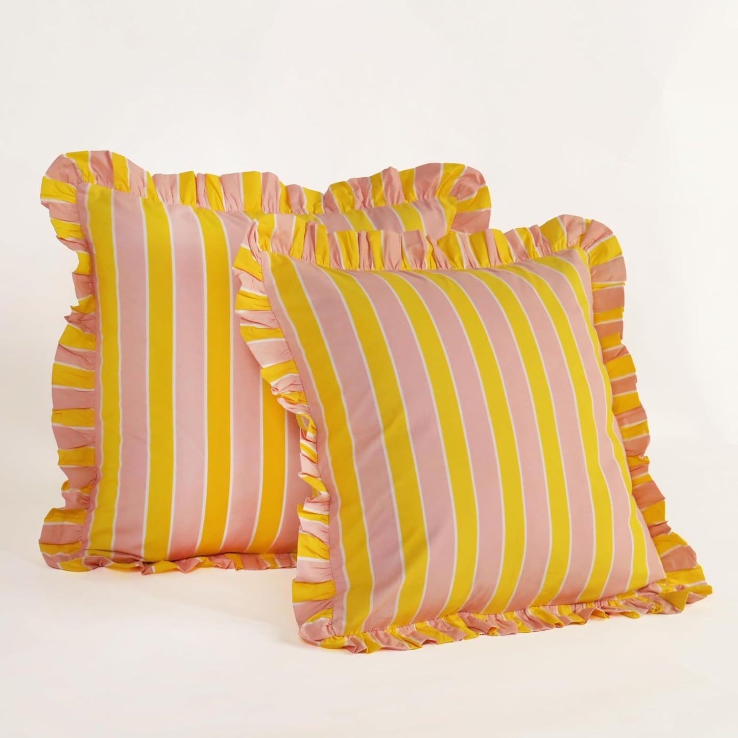 Hand Printed, Artisan-Made Neutral Accent Throw Cushion Cover- Thick Cotton Cushion for Sofa, Bed, Chair, Home Decor, Gifting, Spring Vibe, Boho- Stripe (2, Pink & Yellow, 20"X20")