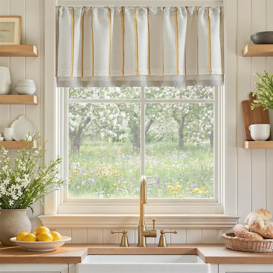 jinchan Linen Valance Kitchen Curtain Light Filter Double Layer 18 Inch | Light filtering kitchen valance,yellow striped pattern on linen background,bringing rustic farmhouse style