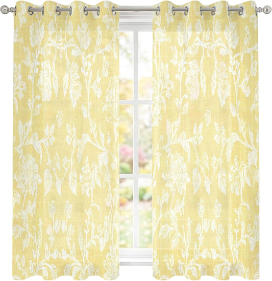 Lemon Yellow Flower Sheer Curtains 39 Inch Long 2 Panels, Pastoral White Plant Petal Leaf Rustic Linen Light Filtering Semi Sheer Drapes Grommet Voile Window Curtain for Living Bedroom W27.9 x L39