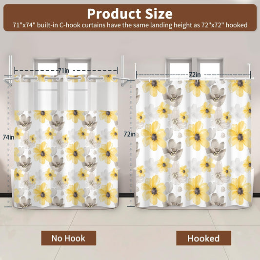 Yellow Gray Floral Shower Curtain with Snap in Liner, Waterproof Fabric No Hook Shower Curtain with See Through Window and Weighted Hem, Watercolor Flower Farmhouse Bathroom Curtains, 71x74 Inch
