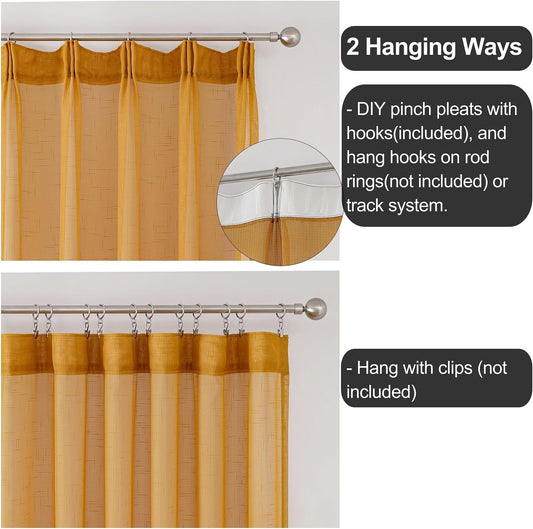 Mustard Gold Sheer Curtains 84 Inches Long 2 Panels, Textured Linen Look See Through Curtains & Drapes, Vintage Yellow Light Filtering Window, Pinch Pleat Sliding Glass Door Ceiling Curtain