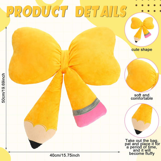 Qunclay Bow Pencil Pillow Back to School Throw Pillow 20''x16'' Soft Yellow Pencil Cushion for Classroom Cute Funny Pillowcase with Cotton Insert for Teacher Classroom Library Living Room Sofa Couch
