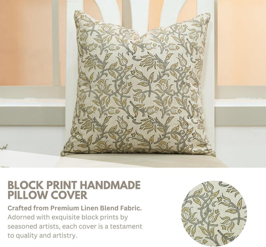 Pillow Covers Handmade Block Print Decorative 24X24 Inches Throw Pillowcase Cushion Cover Hidden Zipper for Sofa, Couch, Farmhouse, Summer, Spring, Fall Decoration, Kamal Dutta, Yellow