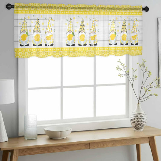 Sheer Window Valance Lemon and Gnomes Semi Voile Short Curtain Rod Pocket Yellow Check Plaid Wood Grain Valances Window Treatment for Bedroom Living Room Kitchen 54x18in
