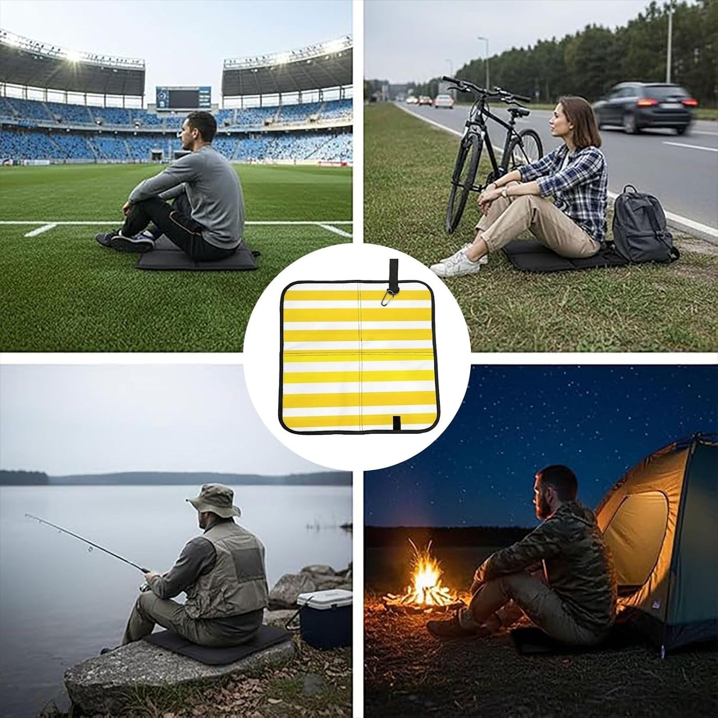 Lemon Zest Yellow Stripes Printed Bleacher Seat Cushion PE Foam Filling, Foldable Sitting Pad for Concert Stadium Events
