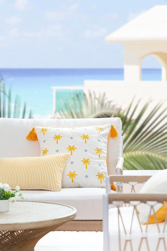 Hofdeco Premium Coastal Patio Indoor Outdoor Lumbar Pillow Cover Only, 12"x20" Water Resistant for Backyard, Couch, Yellow Stripe