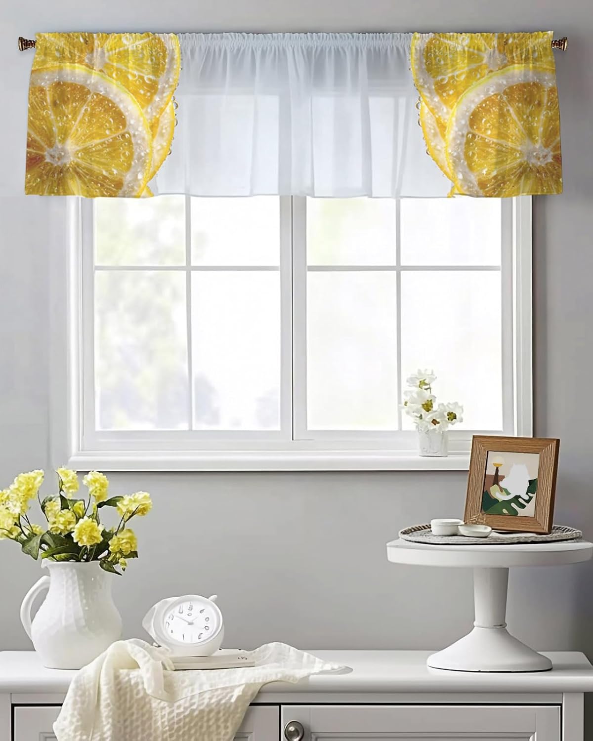 Yellow Lemons Valance Curtains for Kitchen/Living Room/Bathroom/Bedroom Window, Summer Bubble Lemon Slices Fruit Rod Pocket Small Topper Half Short Window Curtains Voile Sheer Scarf, 54"x18"