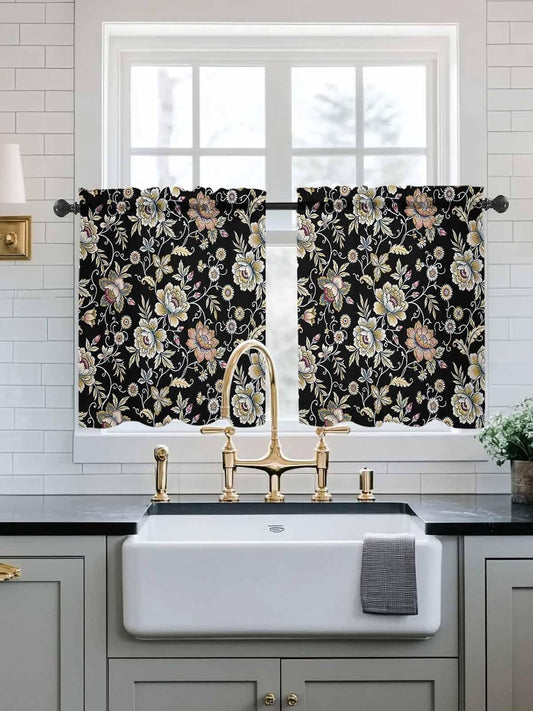 Damask Florals Sheer Curtains for Bedroom Living Room Window Tier Curtains 24 Inch Length,Garden Yellow Flowers Daisy Leaf Rustic Black Kitchen Curtains Small Half Window Drapes 27.5"x24" 2 Panels