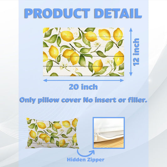 Spring Summer Yellow Lemon Pillow Cover 12x20, Lemon Home Decor, Farmhouse Vintage Fruit Botanical Lumbar Pillow Cover Decor for Home Bedroom Living Room