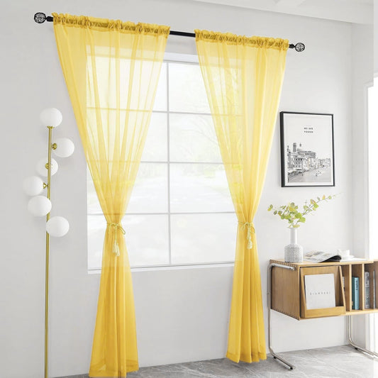 youleyar Solid Sheer Rod Pocket Curtain Voile Draperies 2 Panels White Beige Black Grey Coffee 52 Inch Width 63 Inch Long 1 Pair for Kitchen Bedroom Children Living Room Yard (Yellow,52Wx63L)