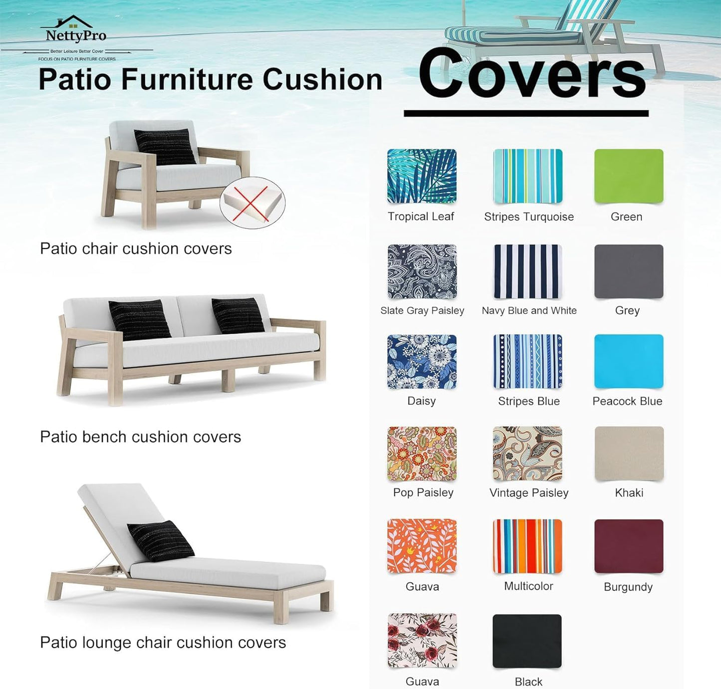 NettyPro Patio Chair Seat Cushion Covers Set 4, Waterproof Outdoor Furniture Cushion Slipcovers with Zipper and Tie, 22 x 20 x 4 Inch, Replacement Cover Only, Yellow