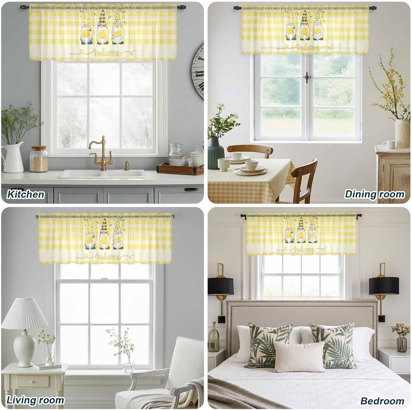 Lemon Dwarfs Sheer Valance Curtains, Gnome Green Leaf Yellow Plaid Welcome Light Filtering Kitchen Valances Rod Pocket Voile Curtain Window Treatment for Bedroom/Living Room/Basement 54Wx18L