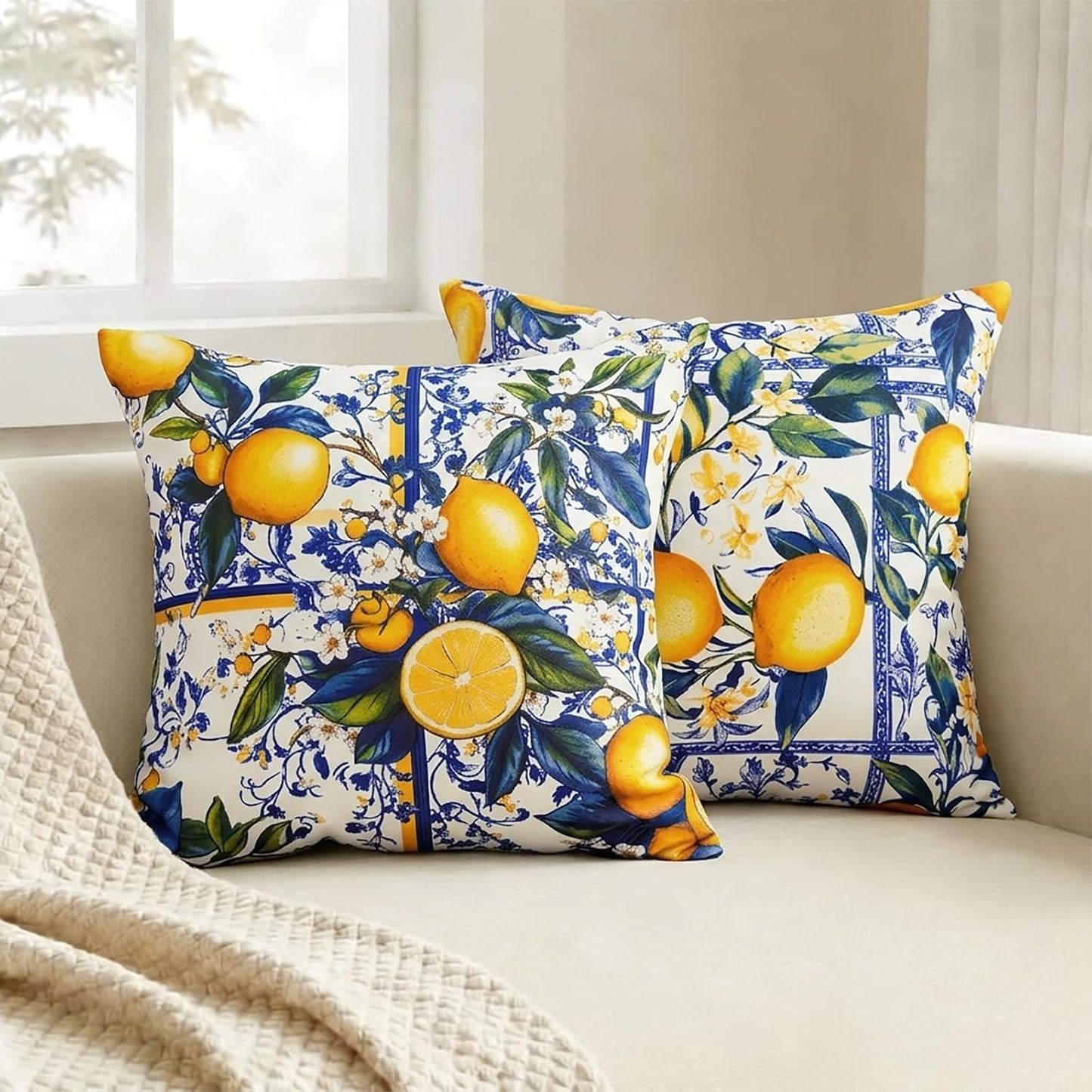 ONWAY Lemon Summer Outdoor Pillow Covers 18x18 Inch Set of 2 Italian Boho Chinoiserie Style Farmhouse Decorative Patio Waterproof Cushion Case for Sofa Couch Home Decor