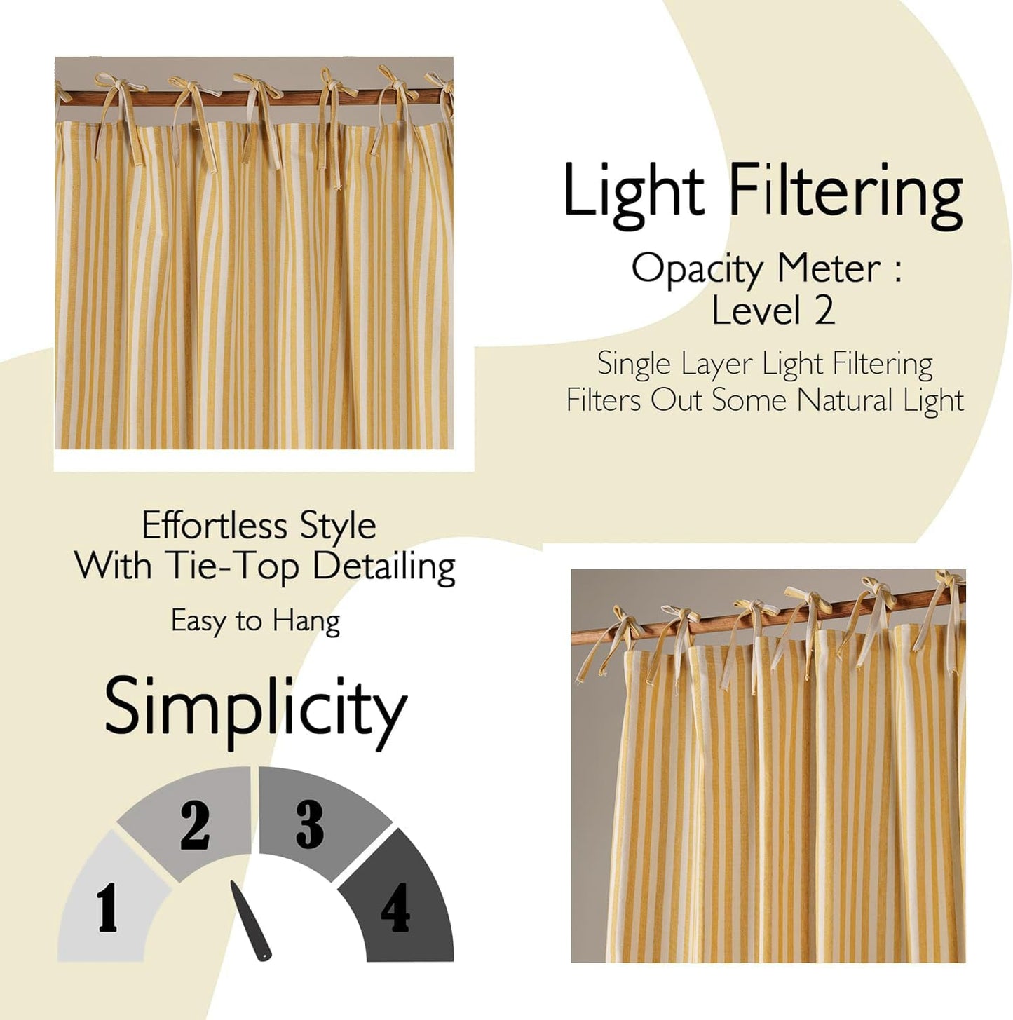 THE ART BOX Gauze Striped Curtains,Boho Linen Tie Top Hanging Curtains Light Filtering Door Window Treatment 2 Panel Curtain Drapes for Living Room Bedroom Yellow Stripes (72''x42'' Each Panel)