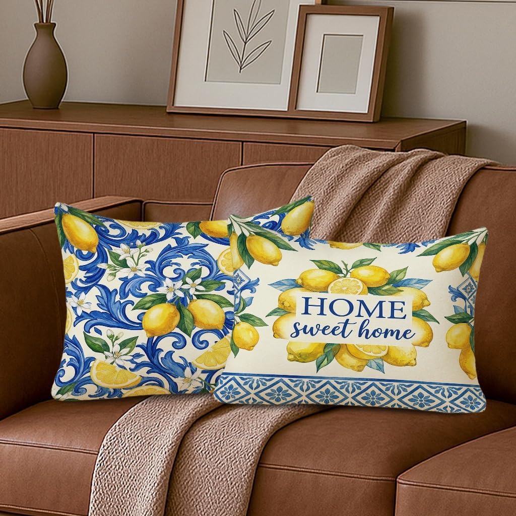 Lemon Throw Pillow Covers Set of 4, Mediterranean Traditional Floral Blue Swirls Summer Yellow Soft Velvet Washable Accents Pillows Cases for Home Bedroom Living Room Sofa Couch Decor 20x12 Inch