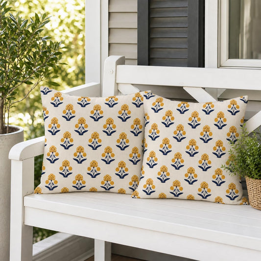 PANDICORN Block Print Throw Pillow Covers 18x18 Inch Set of 2 Yellow and Blue Vintage Boho Floral Outdoor Summer Decorations Decorative Throw Pillows Cases Covers for Home Living Room Couch Decor