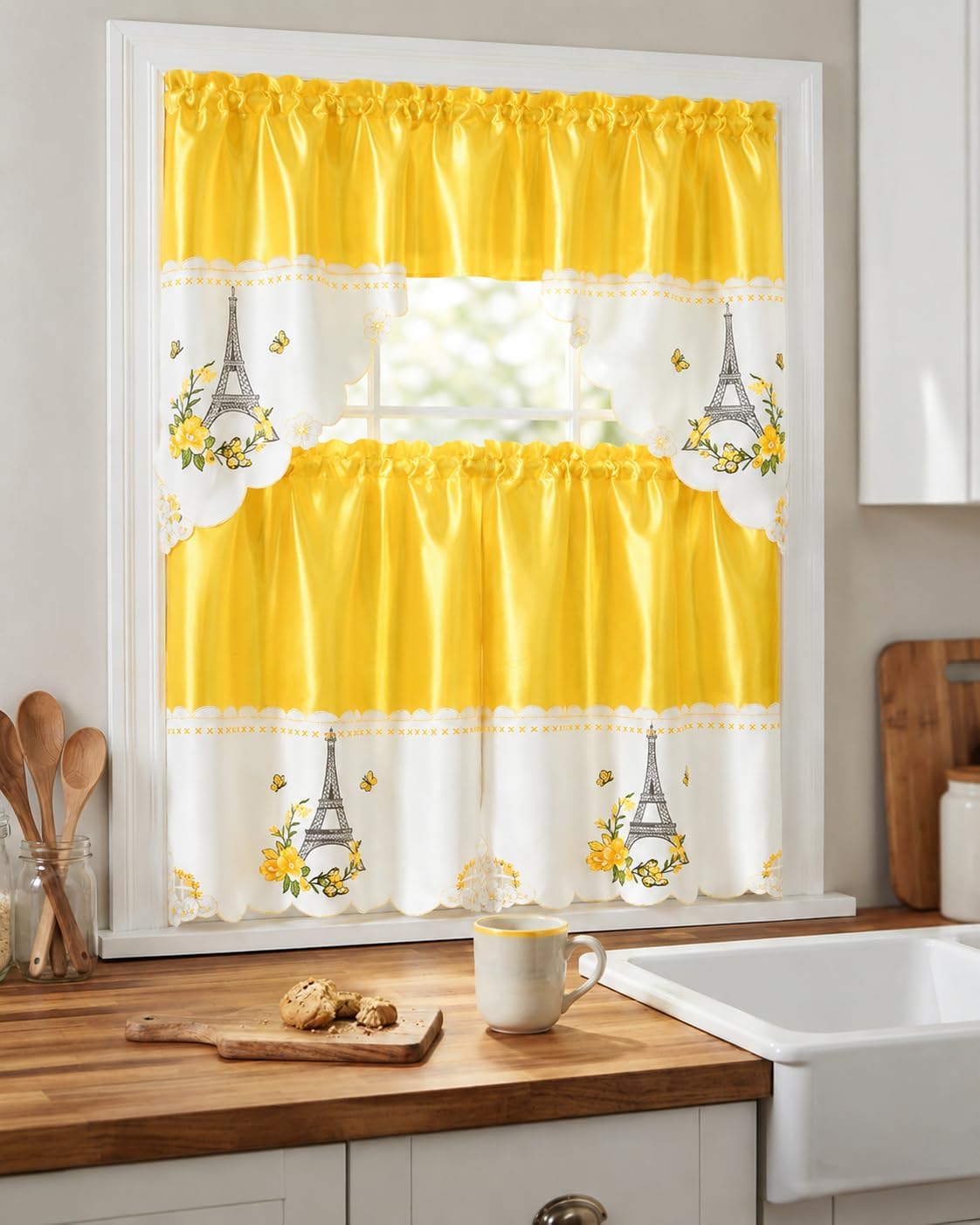 American Linen Eiffel Tower Embroidered Window Curtain Set, Yellow | 3 Piece, Paris Kitchen Curtains, Valance and Tiers, French Country Window Treatments