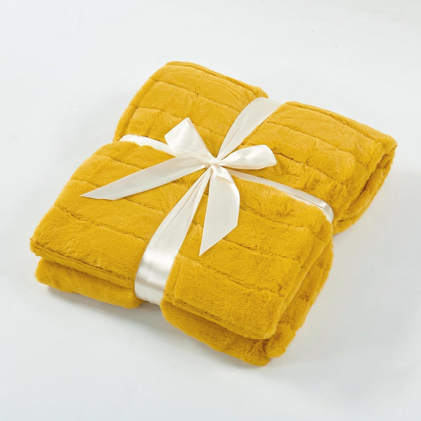 Home Soft Things Rabbit Faux Fur Throw Blanket (50" x 60") and 2 Pillow Covers (18" x 18"),3 Piece Lemon Curry Throw Pillow Set,Decorative Throw Blankets for Couch Bed Living Room