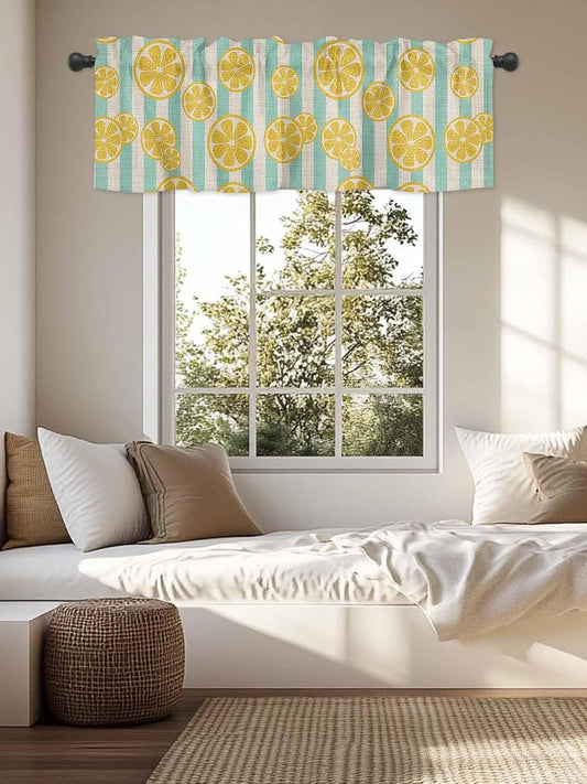 Valance for Windows Yellow Lemon Teal Stripes Linen Background Light Filtering Small Window Treatment Rod Pocket Short Curtain Valance for Kitchen Bathroom Living Room Bedroom 42x12in