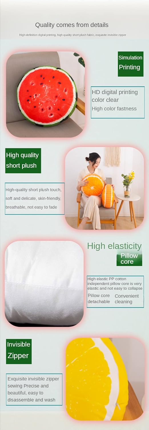 Fruit Pillow Home Sofa Pillow Plush Cushion Shaped Round Cushion Pillow.(13 inches, Yellow - Lemon)