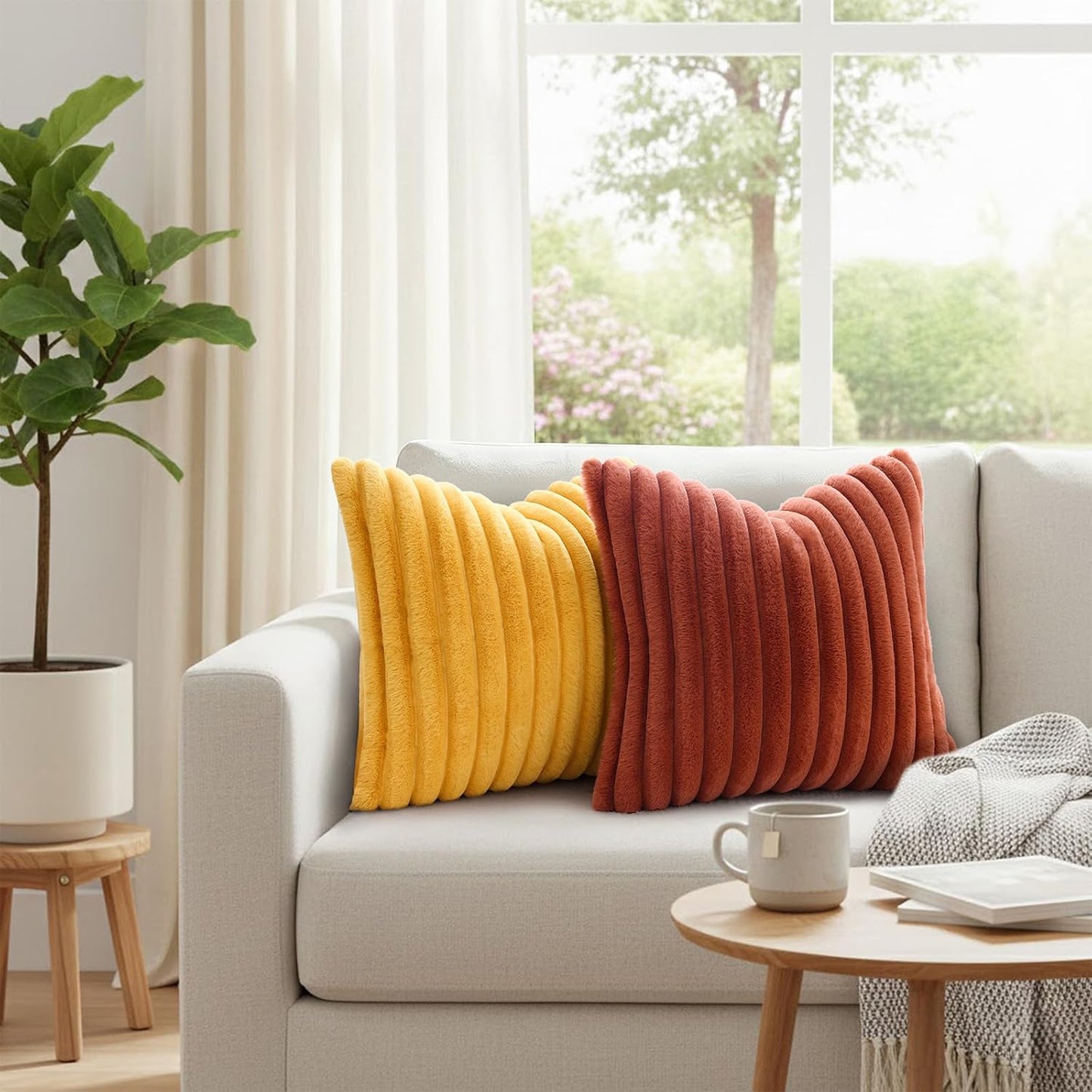 Simmore Faux Fur Euro Sham Couch Throw Pillow Covers 24x24 Set of 2, Decorative Soft Striped Plush Pillow Covers with Velvet Back for Sofa Bed Living Room, Mustard Yellow