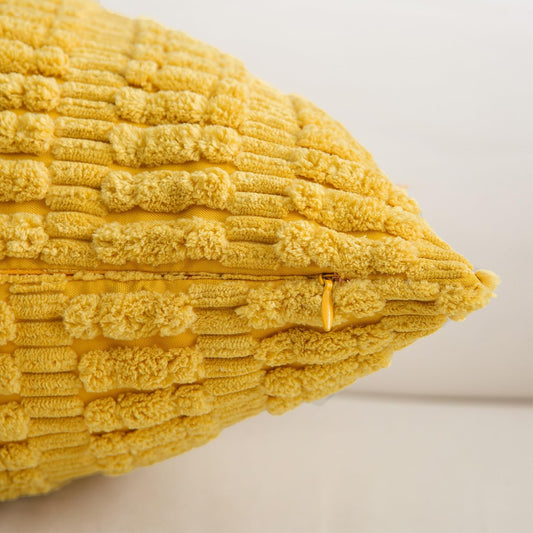 Corduroy Decorative Throw Pillow Covers, Boho Stripe Soft Square Cushion Case Home Decor for Living Room Couch Bed Sofa, Set of 2 Pack, Mustard Yellow, 26x26 Inch