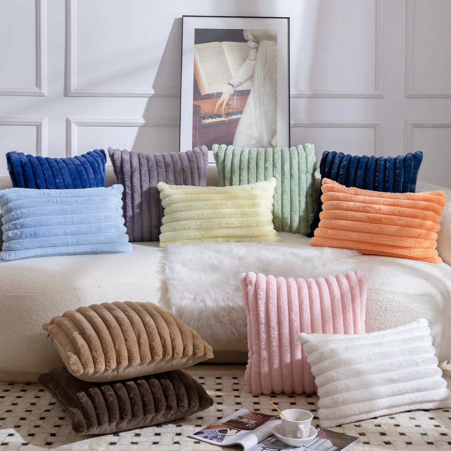 MANDIOO Pack of 2 Decorative Throw Pillow Covers Faux Fur Striped Plush Soft Cushion Covers Pillow Cases Bedroom Living Room Sofa Home 18x18 Inch Yellow