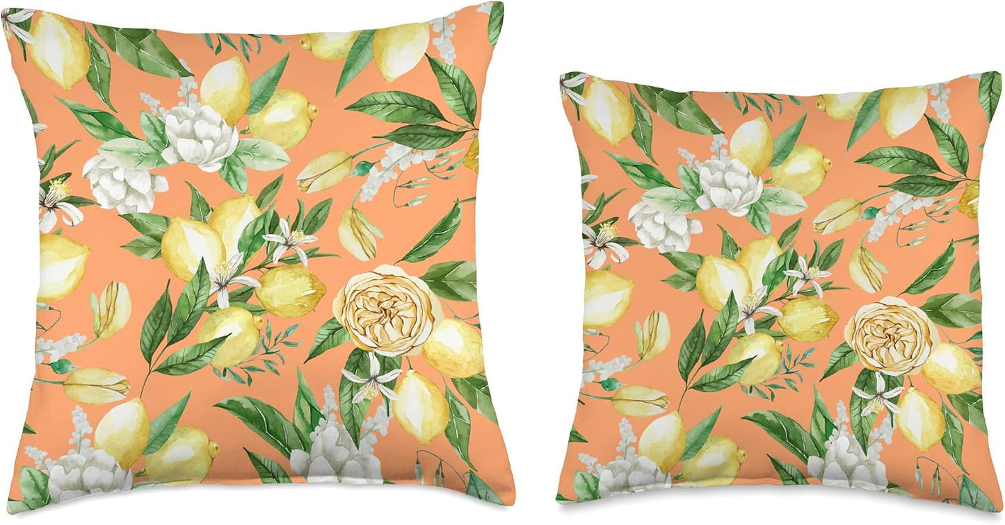 Summer by Vine Mercantile Melon-Amalfi Lemon Blossom Watercolor Citrus Pattern Throw Pillow, 18x18, Multicolor
