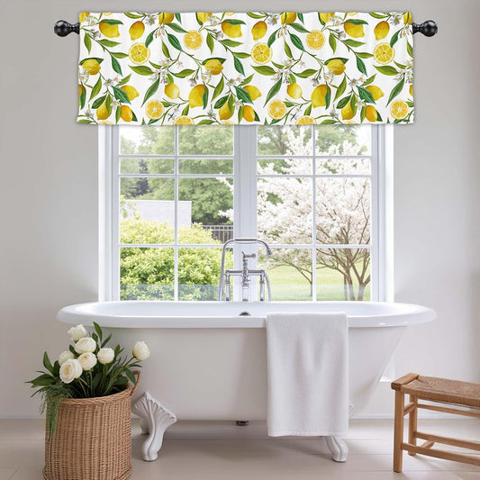 54x18Inch Watercolor Yellow Lemon Floral Topper Curtains Summer Fresh Fruit Green Leaf Semi Sheer Window Treatment for Bedroom Kitchen Decor Rod Pocket Short Valance Drapes Polyester