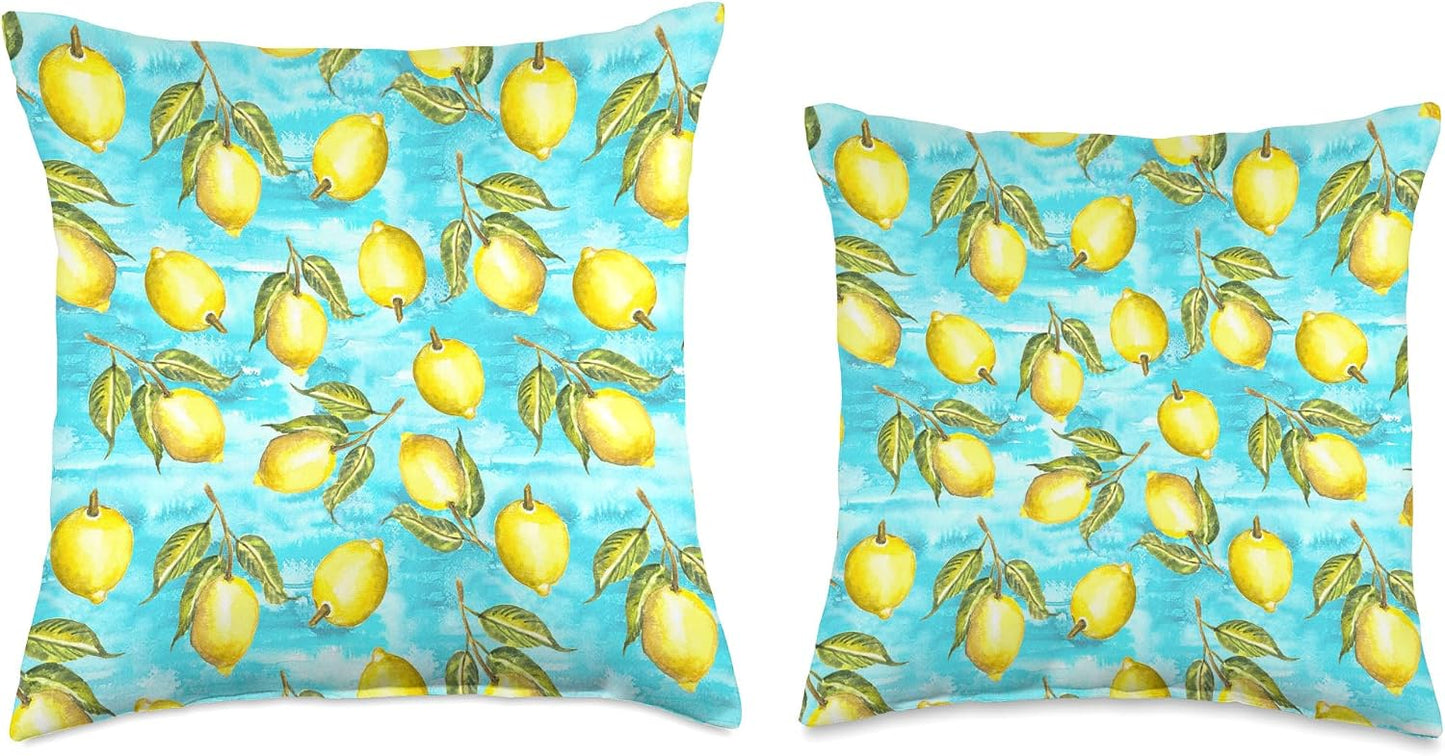 Watercolor Lemon Citrus Fruit Aqua Yellow European Summer Throw Pillow
