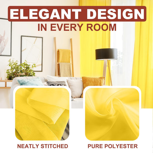 YHSF Sheer Curtains, 84 Inches Long, 2 Panel Set - Home Decoration Elegant Rod Pocket Solid Voile Drapes for Bedroom/Living Room, Window Treatments, Light Filtering, Set of 2, 54" W x 84" L, Yellow