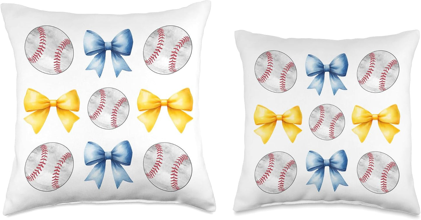 Baseballs & Light Blue Yellow Bows Tee Ball Mom School Pride Throw Pillow