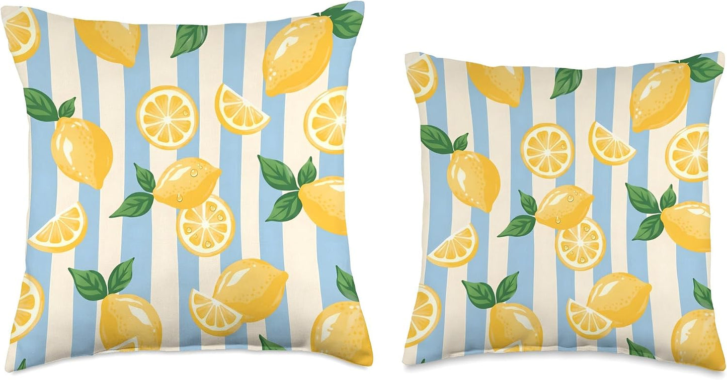 Retro Blue Stripes Lemon Tropical Summer Citrus Decorations Throw Pillow