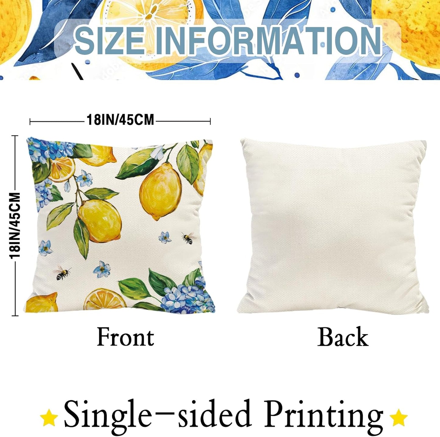 Spring Summer Lemon Pillow Covers Blue Hydrangea 18 x 18 Inch Throw Pillows, Hello Sunshine Decorative Farmhouse Cushion Case for Sofa Couch Set of 4
