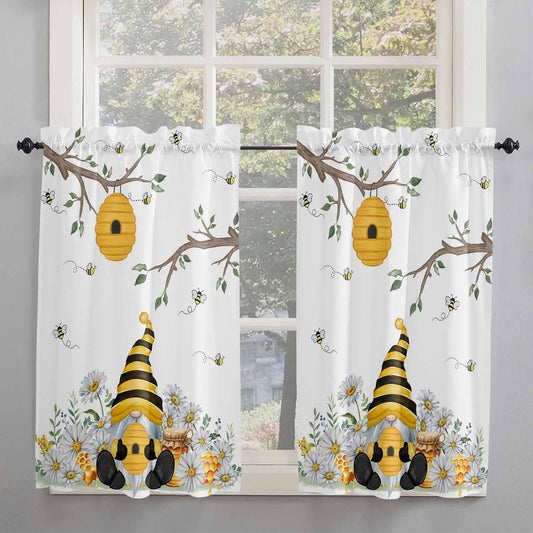 Yellow Gnomes Small Window Curtains 45 Inch Length, Bees Spring Floral Daisy Branches Rod Pocket Window Treatment Kitchen Drapes for Bedroom, Cafe, Living Room, 2 Panels, 27.5 W x 45 L