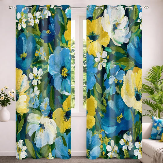 Yellow Blue Flower Blackout Curtains 2 Panels 42x84 Inch | Vintage Artistic Colorful Flower Window Drapes, Modern Abstract Oil Painting Style, Grommet Curtains, For Bedroom Living Room