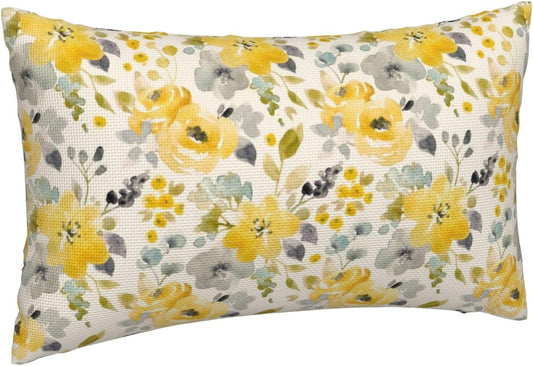 Yellow and Blue Flowers Lumbar Pillow Covers Home Decor Watercolor Floral Throw Pillow Covers 12x20 Set of 2 Pastoral Yellow Gray Flowers Pillowcases Living Room Decor Cushion Cover for Sofa