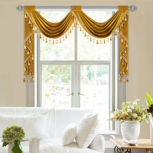 VOGOL Retro Gold Velvet Valances for Bedroom, Thermal Insulated Privacy Waterfall Valance with 2 Swags, Vintage Style Rod Pocket Window Treatments for Living Room, 59 Inches Wide