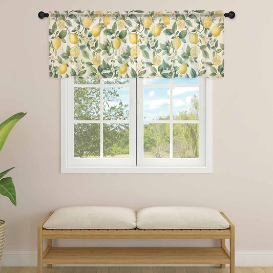 Vintage Lemon Sheer Curtain 18 Inch Long Fruit Leaf Floral Beige Background Country Light Filtering Rod Pocket Voile Curtain Valance for Bedroom Kitchen Cafe Window 54" W x 18" L