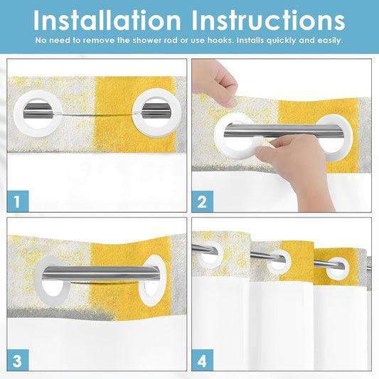 No Hook Abstract Yellow Grey Shower Curtain with Snap in Fabric Liner Set, Contemporary Modern Double Layers Waterproof Fabric with See Through Top Window Open Grommet Bath Curtain 71x74 Inch
