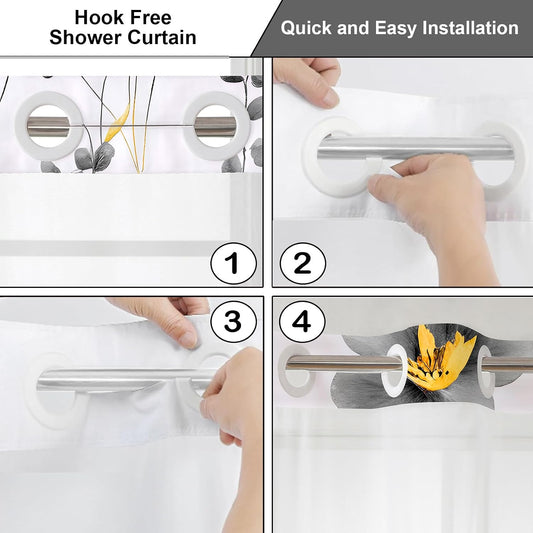 No Hook Floral Shower Curtains with Snap-in Liner Set for Bathroom, Hotel Style Double Layers with See Through Mesh Top Window, Yellow Grey Flower Fabric Bath Curtain Home Décor, 71x86 Inch