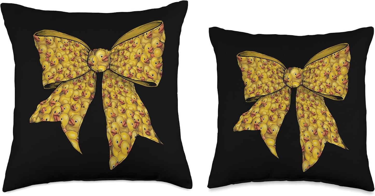 Rubber Duck Cute Yellow Duckie Pattern Girl Coquette Bow Throw Pillow