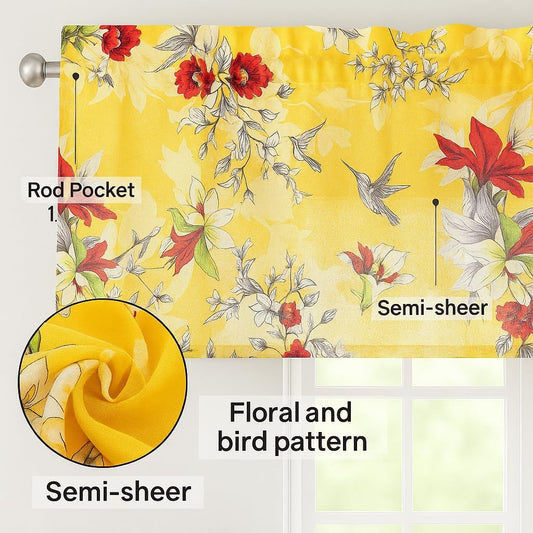 DaDa Bedding Radiant Sunshine Yellow Window Curtain Valance - Semi Sheer Natural Light Filtering Tailored Farmhouse Floral Hummingbirds - Bright Vibrant Red Flowers Kitchen Decor - 18" x 52"