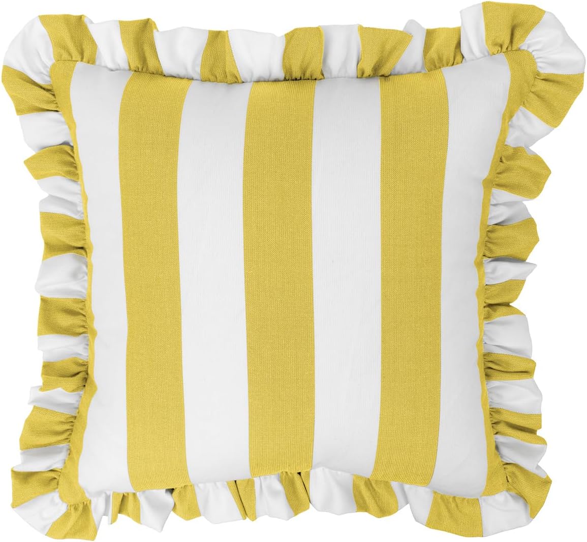 Sherry Kline Cabana Stripe Outdoor Throw Pillow Set of 2, 18x18 Inch Square Decorative Cushions with 2" Ruffle Trim, Reversible Indoor Patio Porch Pool Sofa Accent Pillows, Made in USA – Yellow/White