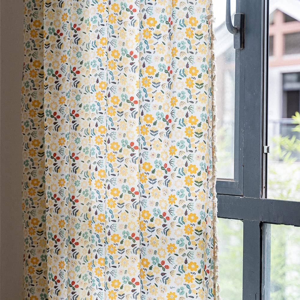 Floral Curtains 63 Inch Length 2 Panels Tassel Boho Semi-Sheer Drapes Bedroom Living Room Farmhouse Short Rustic Country Yellow Green Flower Rod Pocket Cotton Linen Blend Window Curtain Panel