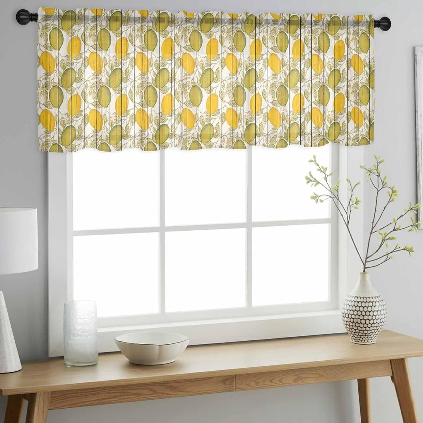 Summer Lemon Sheer Curtain 18 Inch Long with Leaves Wooden Light Filtering Rod Pocket Voile Curtain Valance for Bedroom Kitchen Cafe Window 54" W x 18" L
