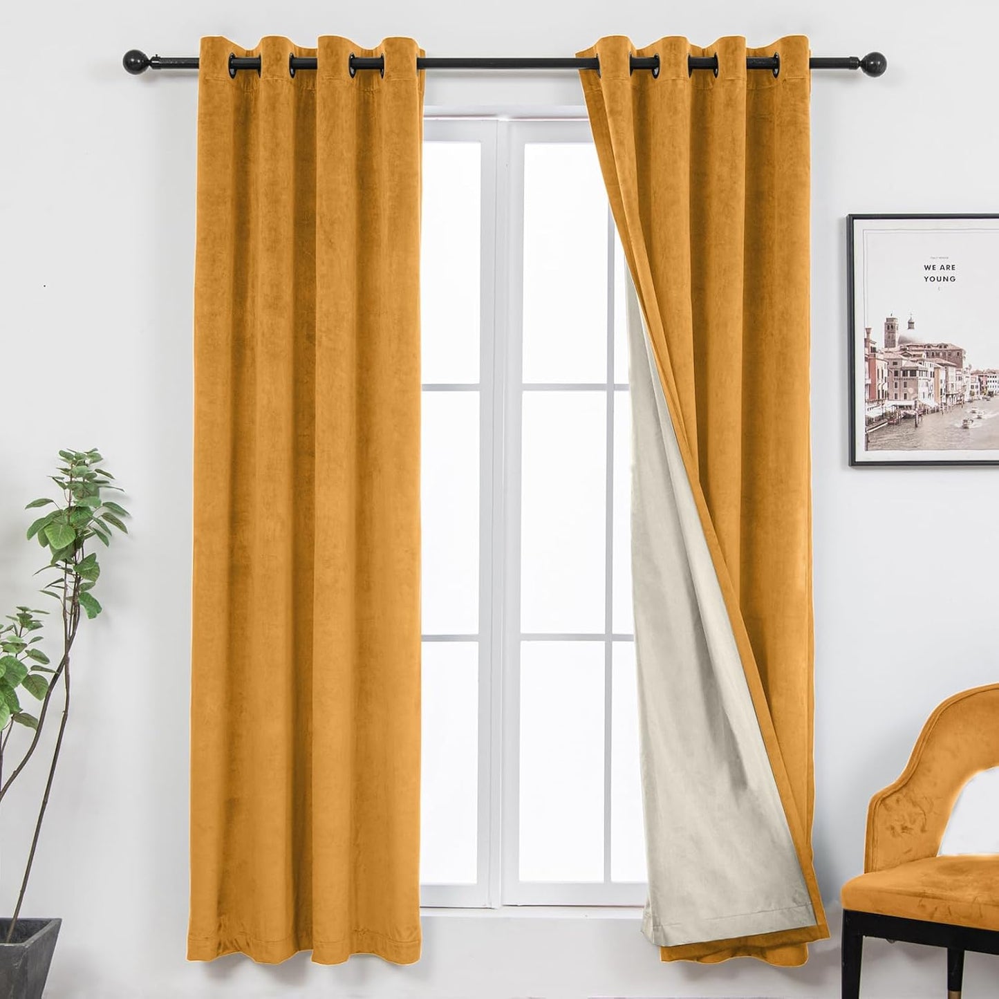 100% Full Blackout Velvet Curtains with Liner 63 inch Long 2 Panels for Living Room, Thermal Insulated Energy Saving Room Darkening Grommet Window Drapes for Bedroom, 42x63 Golden Yellow